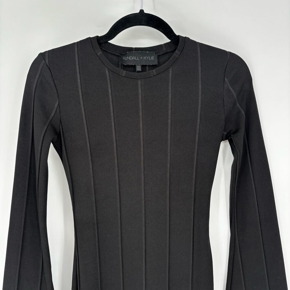 Kendall & Kylie Black Ribbed Bell Sleeve Bodycon Midi Dress Size XS
